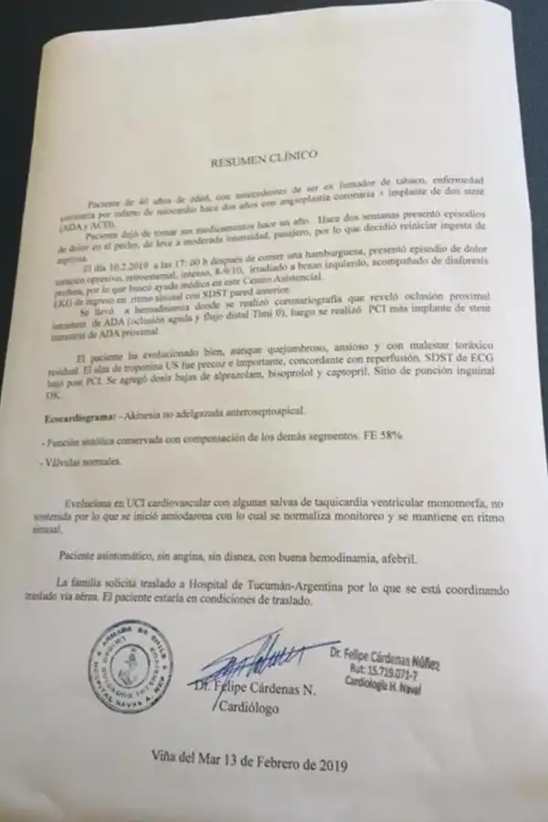 El avión sanitario está a disposición del tucumano internado en Chile, dijeron desde el Gobierno