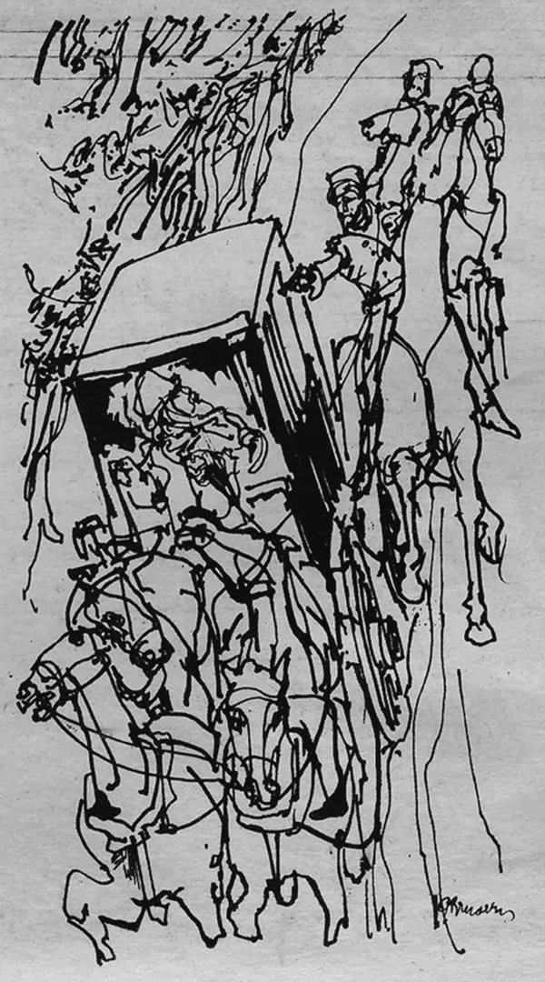 EL CRIMEN DE 1838. Ataque al carruaje de Heredia, según el  dibujo a pluma de Guido Bruveris. 