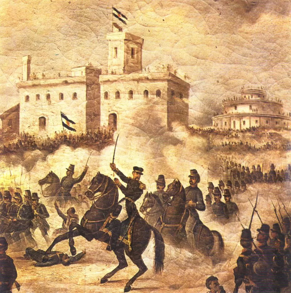 LA BATALLA DECISIVA. En torno al palomar de Caseros, que se ve al fondo en este óleo de Carlos Penuti, combatieron unos 50.000 hombres el 3 de febrero de 1852. 