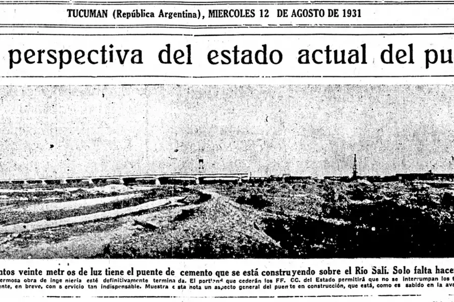 PANORÁMICA. La foto tomada en mayo de 1931 ya exhibía a la perfección la silueta del nuevo puente que cruzaba el río, uniendo San Miguel de Tucumán con la Banda del Río Salí.