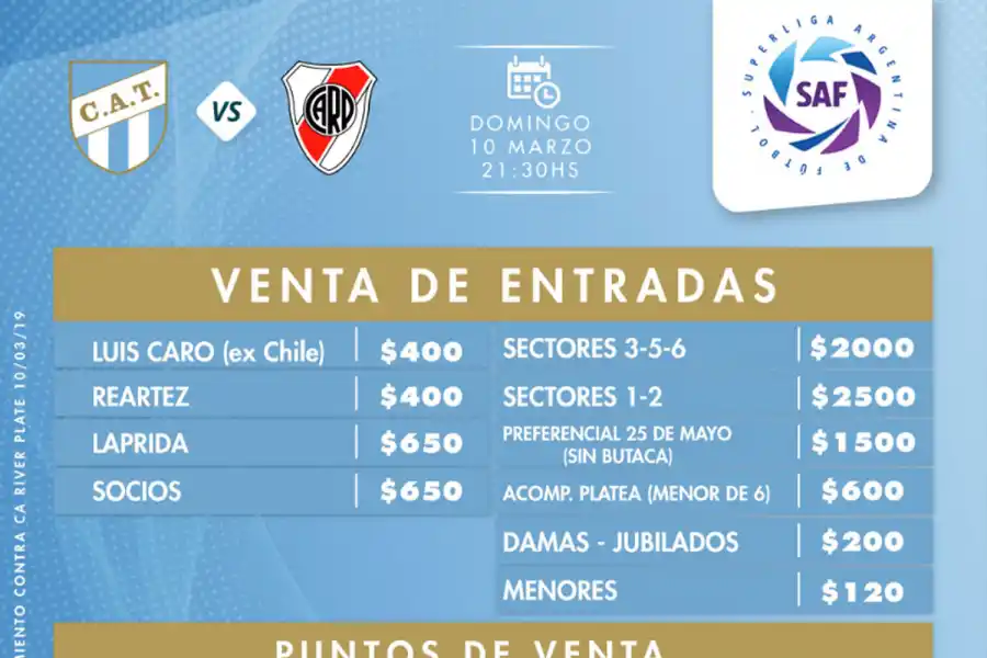 Los precios de las entradas para Atlético-River irán desde $ 400 a $ 2.500