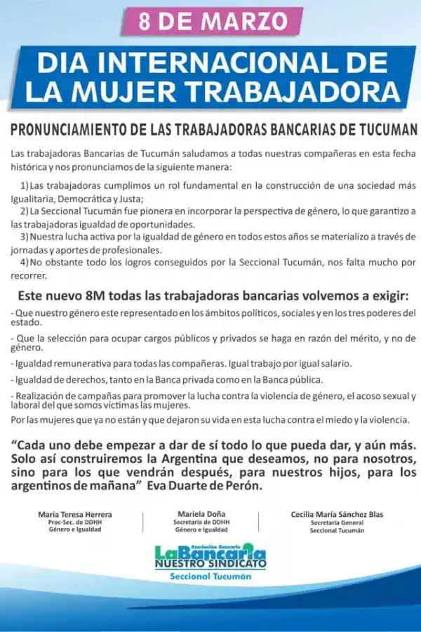 El gremio bancario reclama igualdad remunerativa y de oportunidades para las mujeres