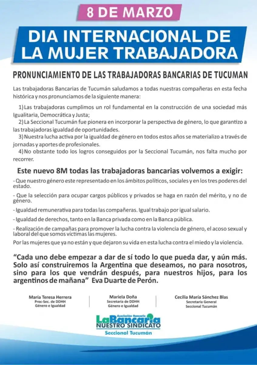 El gremio bancario reclama igualdad remunerativa y de oportunidades para las mujeres