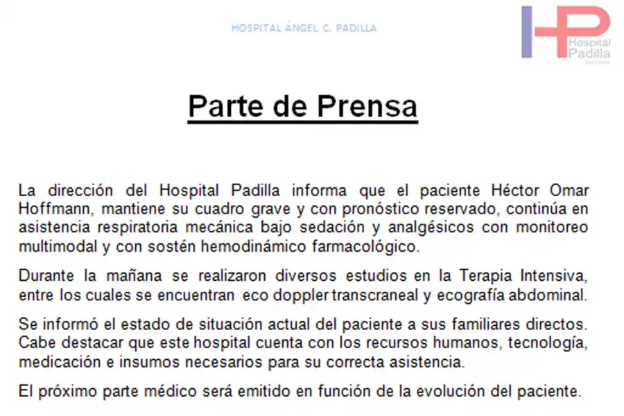 PARTE MÉDICO. El parte actualizado este mediodía.