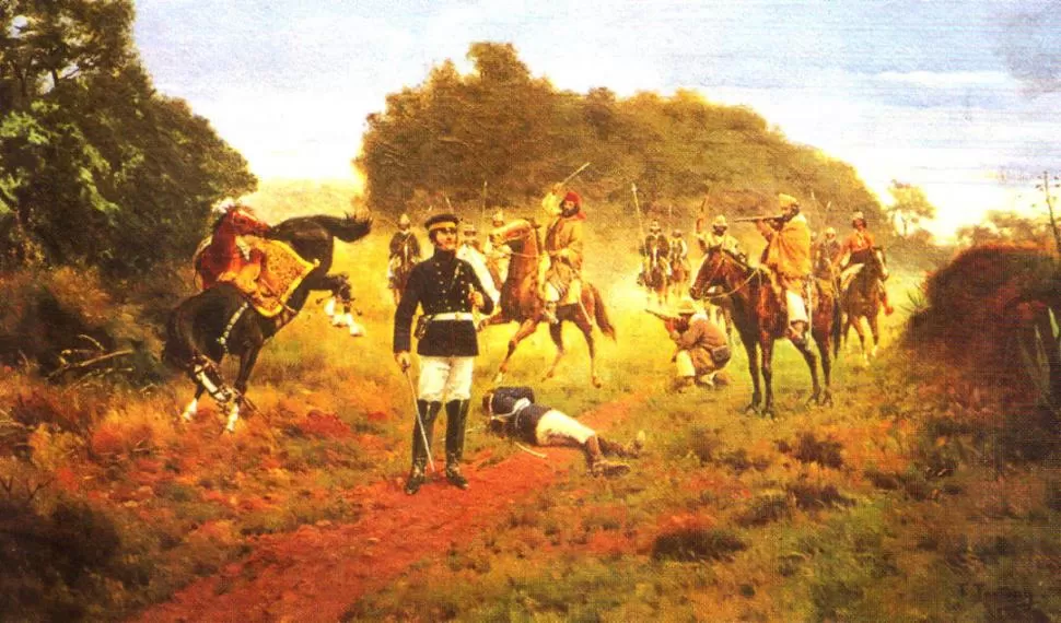 JOSÉ MARÍA PAZ. Aparece de pie, mientras al lado corcovea su caballo boleado y lo encañonan los captores. El óleo de Francisco Fortuny reconstruye aquella escena de 1831. 