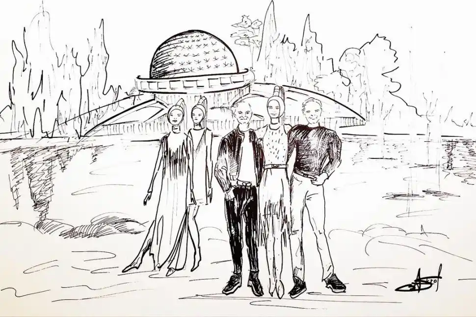 EN EL PLANETARIO. Dibujo de Susana Barros sobre el desfile “Infinity”.