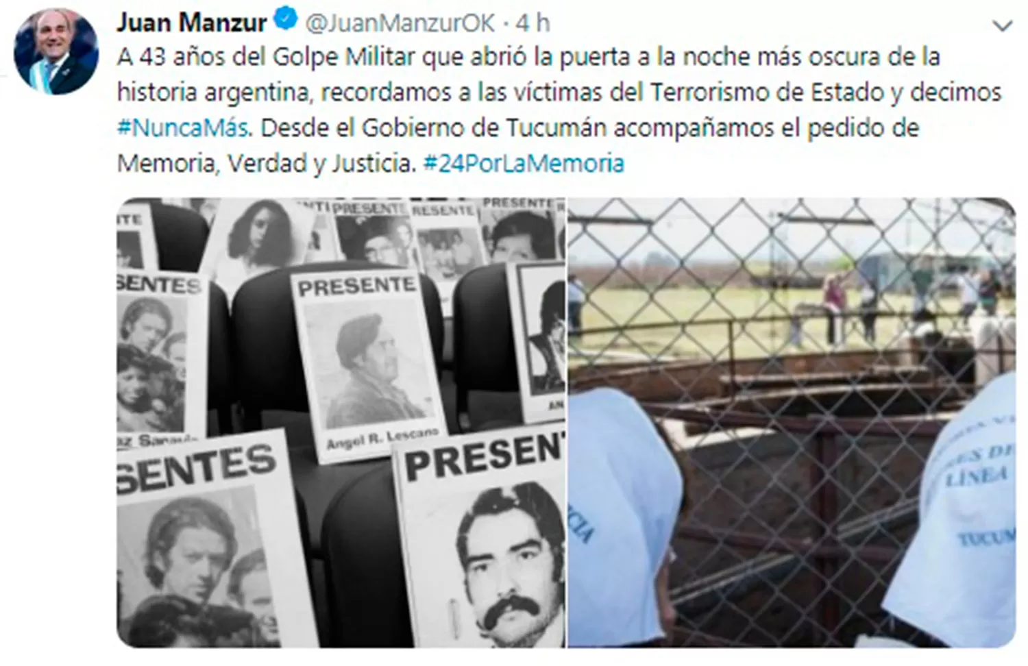 Manzur se sumó al hashtag #NuncaMás de los políticos por el Día de la Memoria