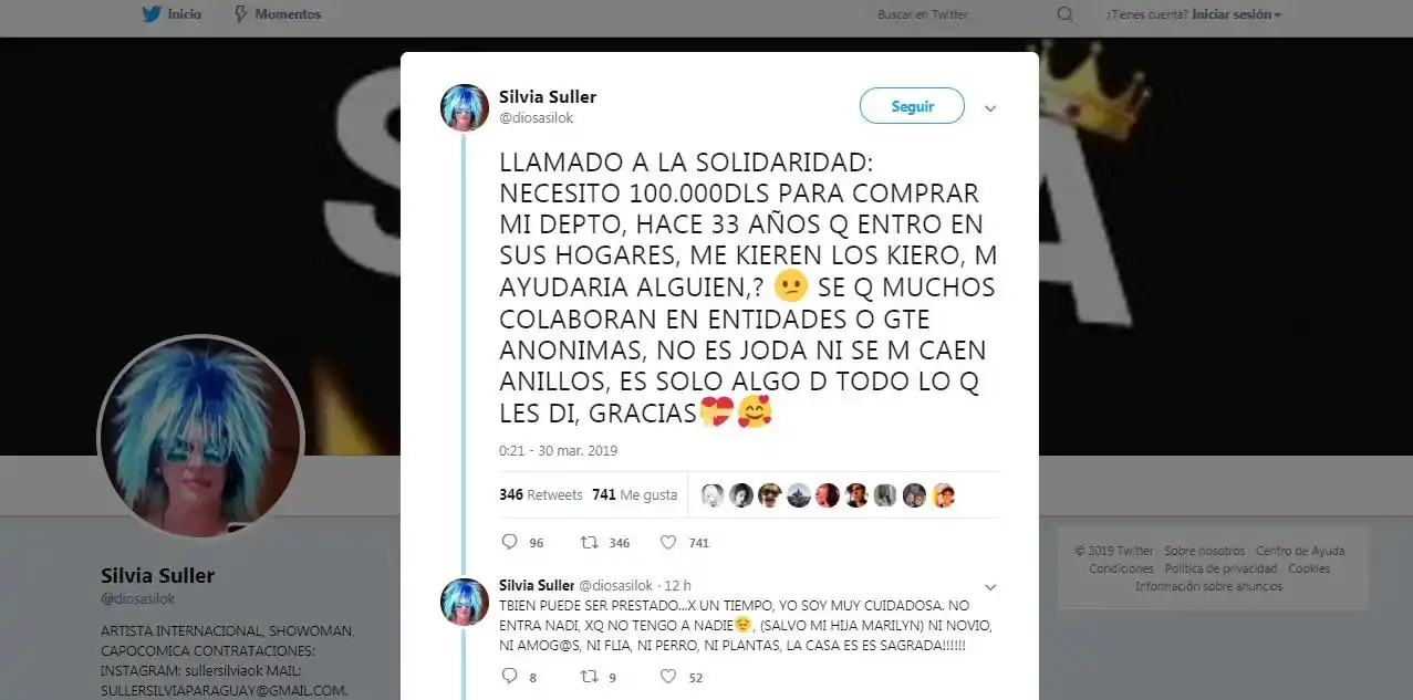 Silvia Süller y un pedido a sus seguidores de Twitter: “necesito 100.000 dólares”