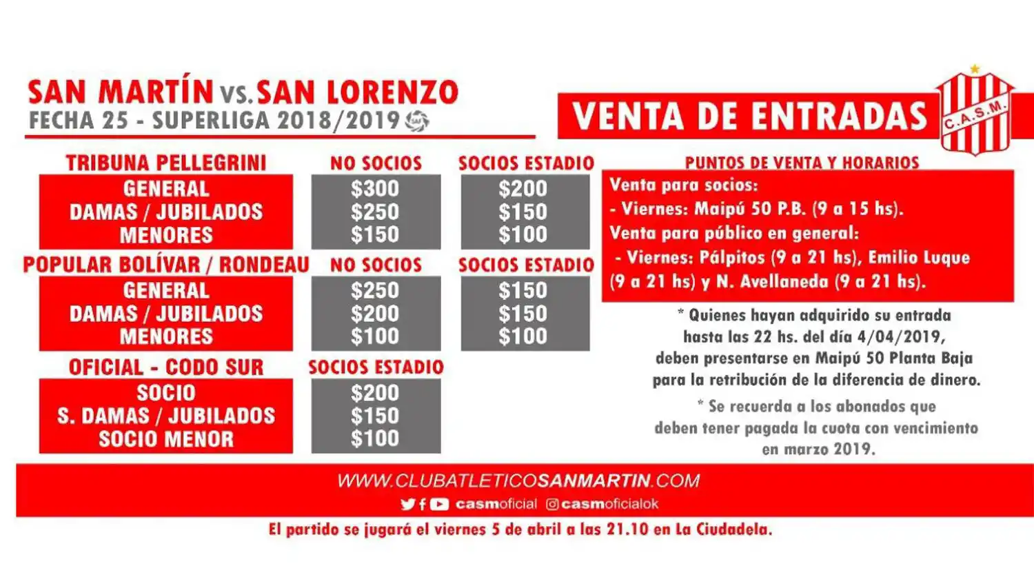 Comenzó la venta de entradas para el último partido de San Martín en la Superliga