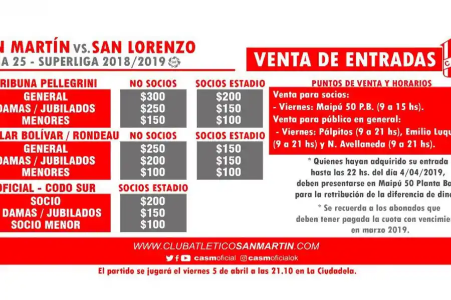 Comenzó la venta de entradas para el último partido de San Martín en la Superliga