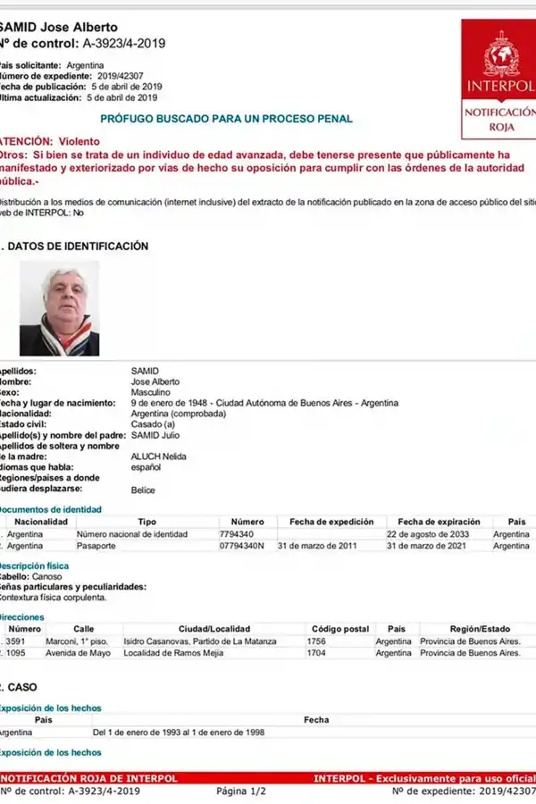 BUSCADO. El alerta de Interpol para encontrar a Alberto Samid, el Rey de la Carne.