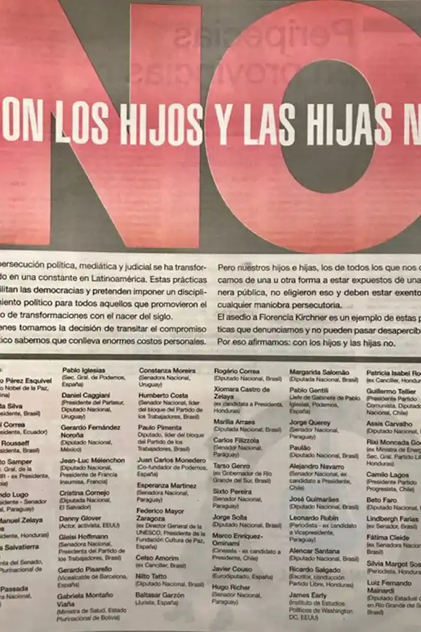 Lula, Dilma, Correa y Pérez Esquivel firmaron una solicitada para defender a Florencia Kirchner