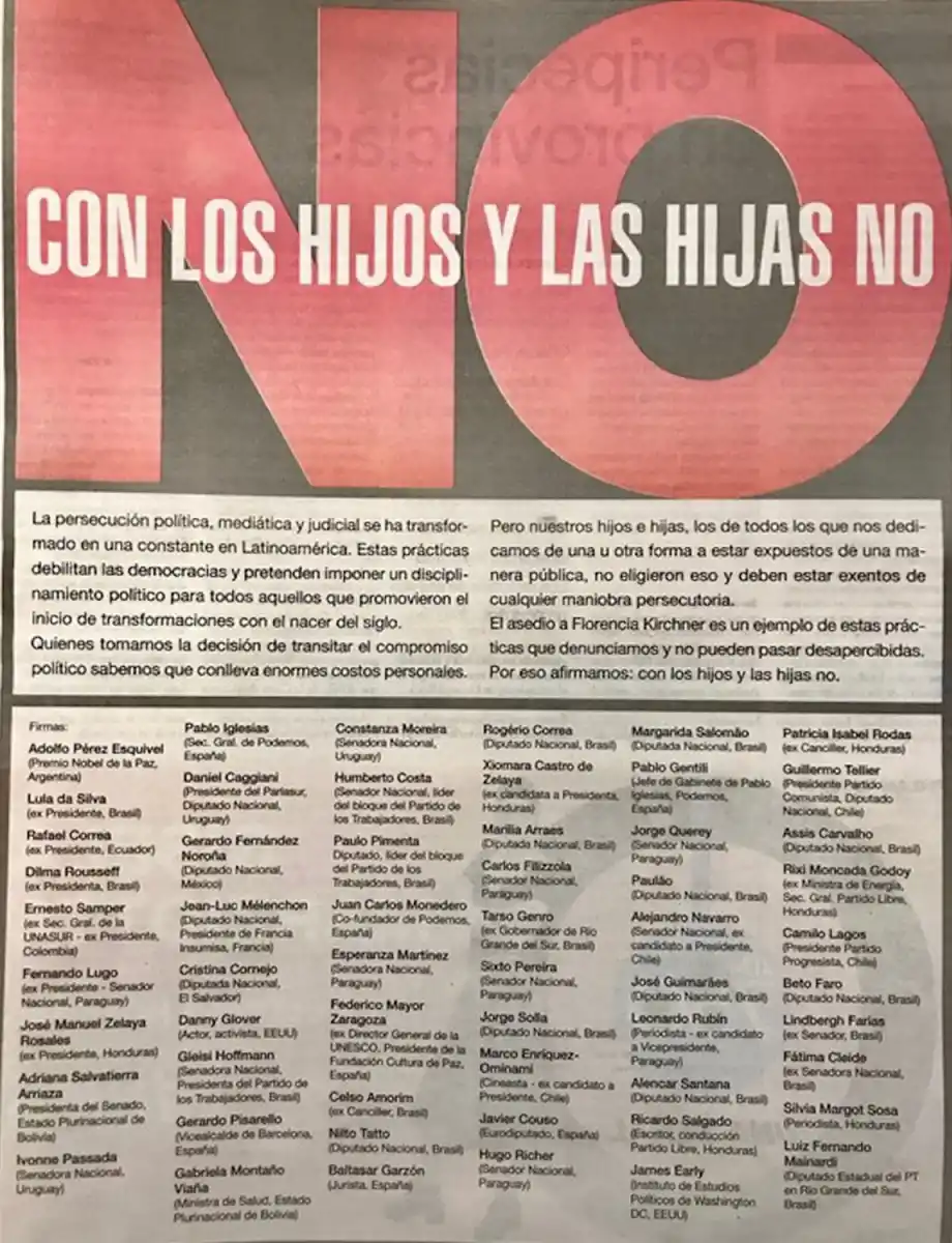 Lula, Dilma, Correa y Pérez Esquivel firmaron una solicitada para defender a Florencia Kirchner