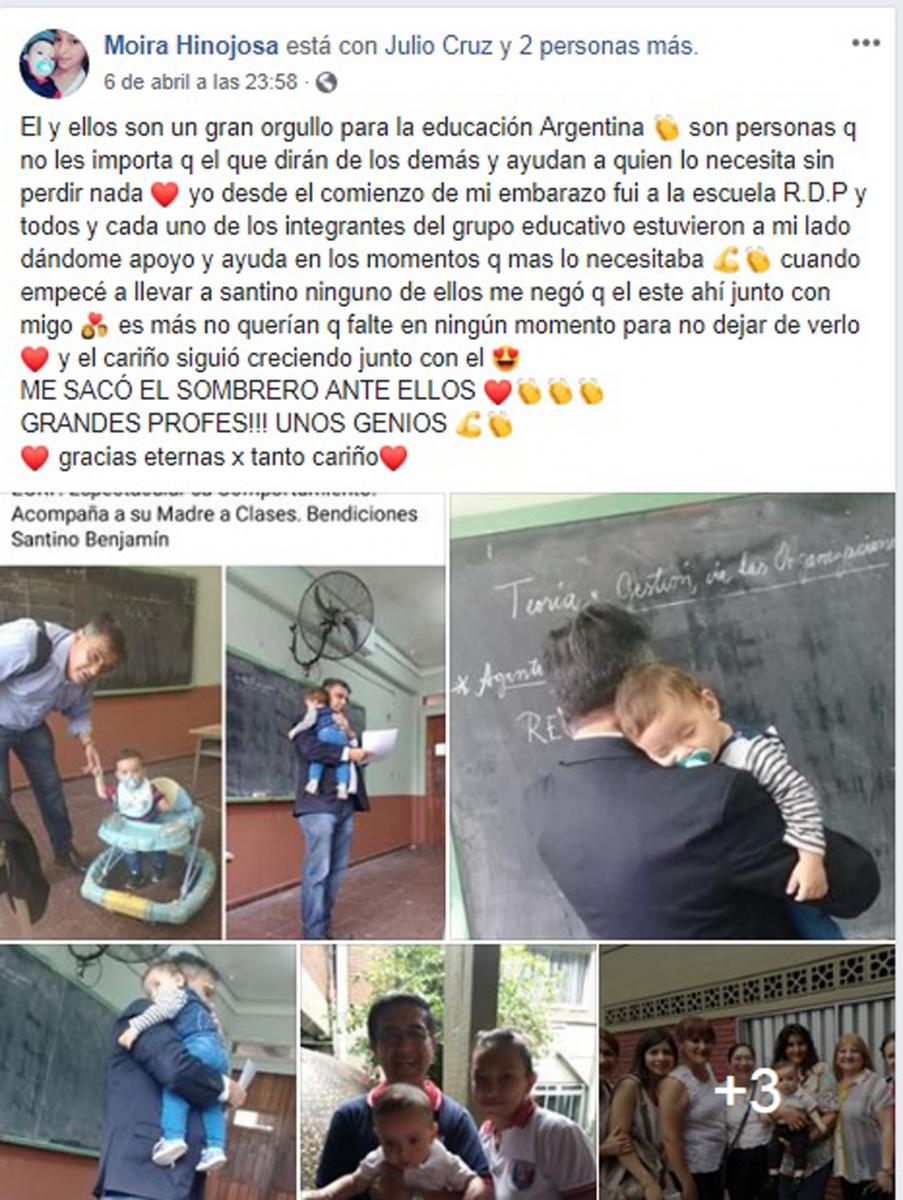 Un profesor tucumano da clases con el bebé de una alumna en sus brazos