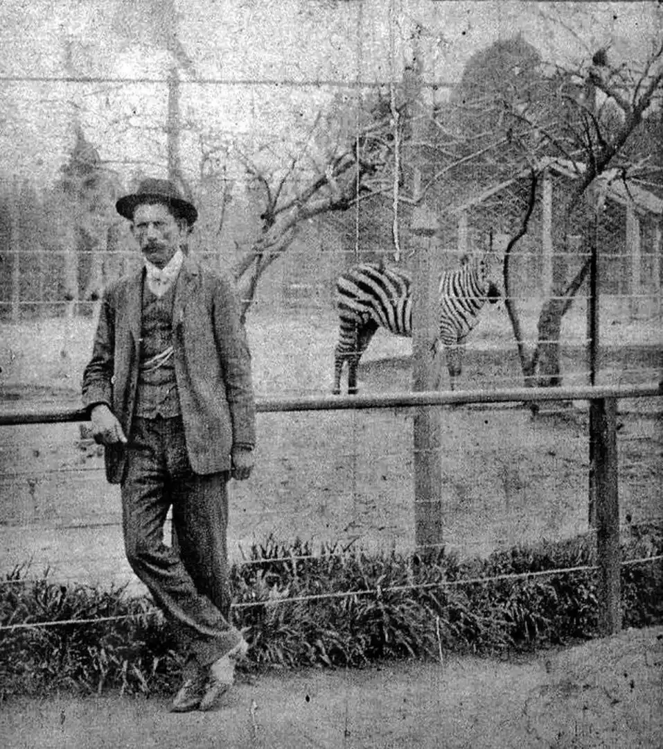 EL VIEJO ZOOLÓGICO. La imagen tomada hacia 1907 muestra una cebra detrás del visitante.-
