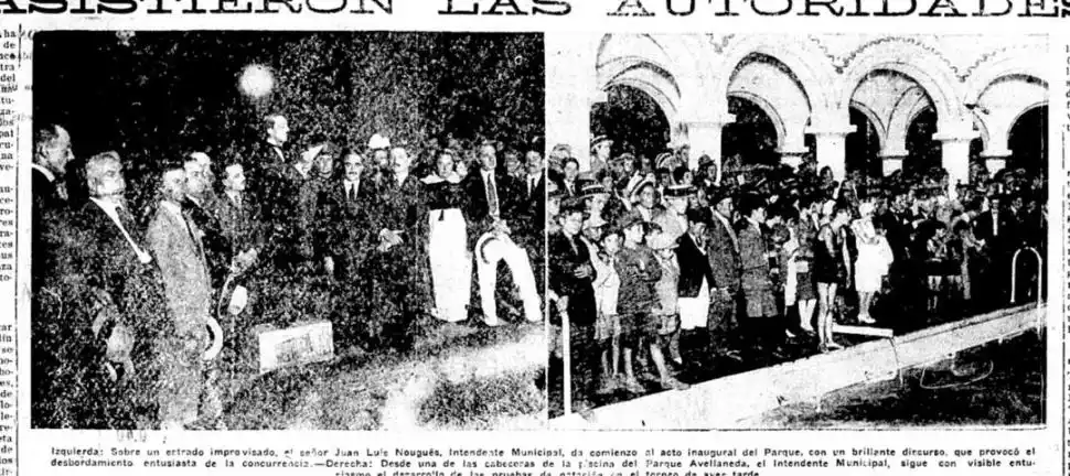 - CEREMONIA. A la derecha el intendente Nougués lee su discurso. El público mira las pruebas de natación.- 