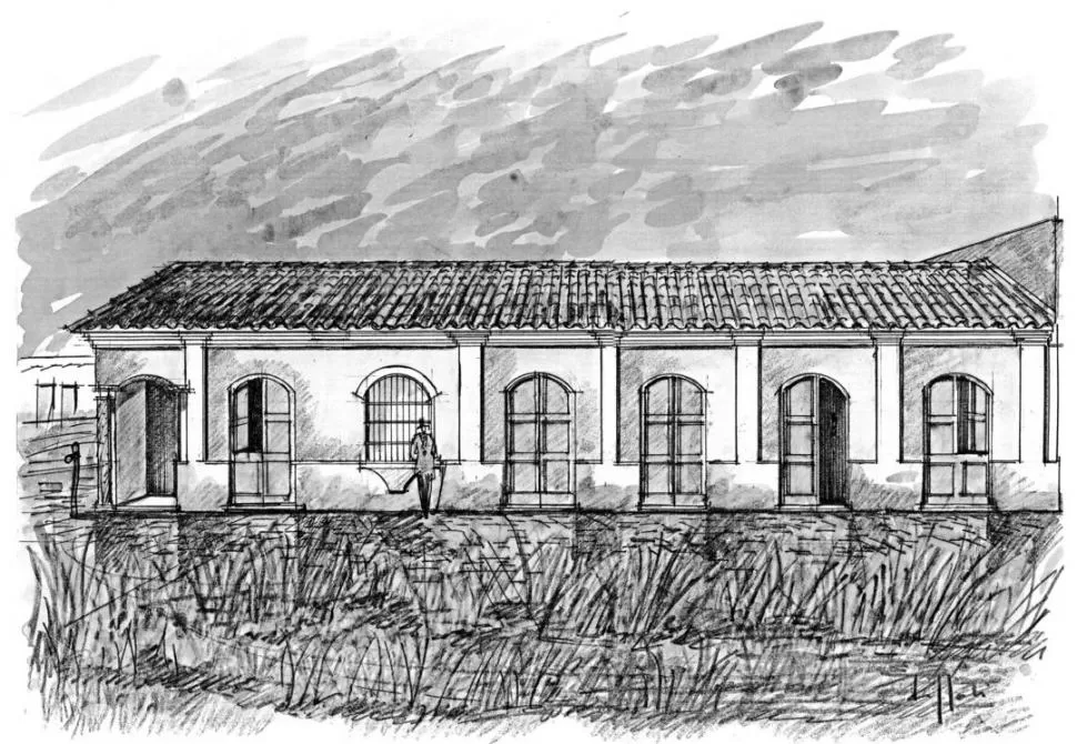 EN LA VEREDA DEL CABILDO. Las cuatro puertas de la derecha correspondían a la casa de Alberdi, y las otras, hasta la esquina, a la de Rodríguez. Es una acuarela de Dante Rizzoli, ejecutada en base a un dibujo de época. 