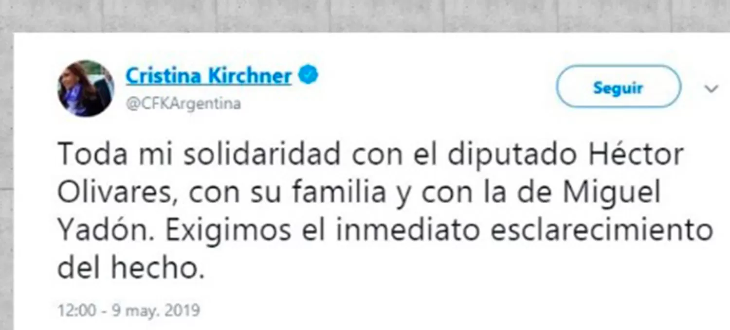 Cristina Kirchner pidió esclarecer lo sucedido con el diputado Olivares