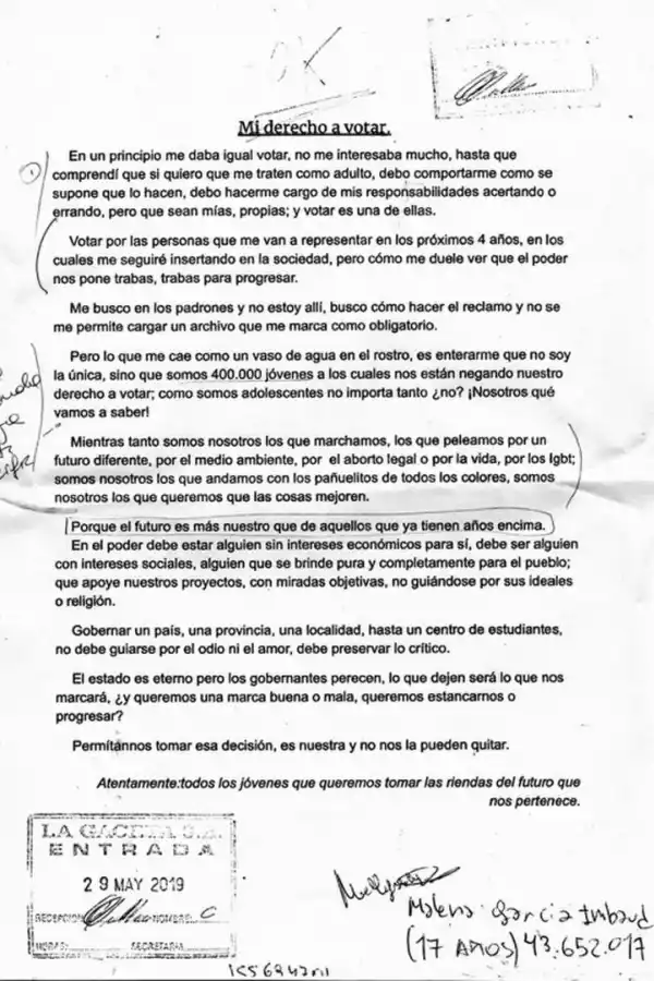 CARTA. García Imbaud envió el 29 de mayo la carta “Mi derecho a Votar” al diario LA GACETA, para defender el voto de los jóvenes. 