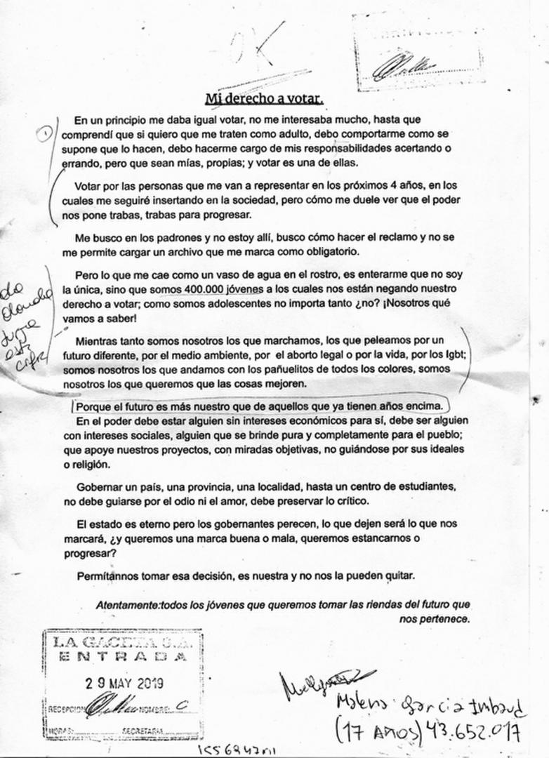 CARTA. García Imbaud envió el 29 de mayo la carta “Mi derecho a Votar” al diario LA GACETA, para defender el voto de los jóvenes. 