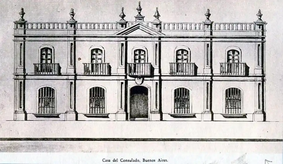 EL LOCAL DE SESIONES. Edificio del Consulado, donde sesionó el Congreso al trasladarse a Buenos Aires. Estaba ubicado en la hoy calle San Martín entre Bartolomé Mitre y Perón.