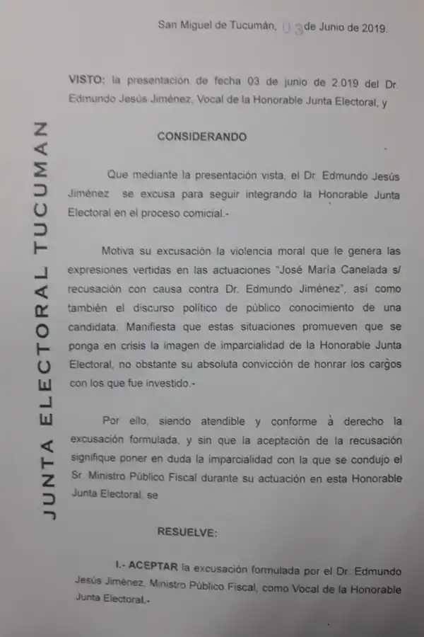 Cuestionado, Jiménez dio un paso al costado de la Junta Electoral