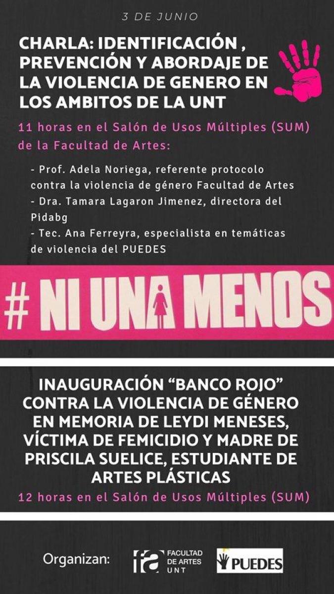 Dictarán una charla sobre violencia de género e instalarán un banco rojo en la Facultad de Artes