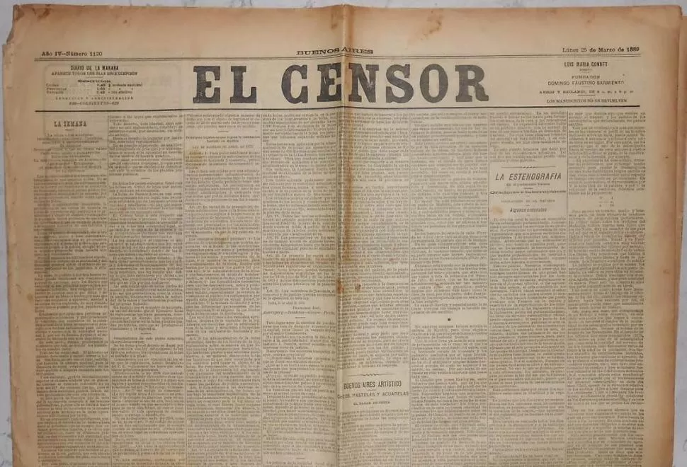 “EL CENSOR”. Ejemplar de 1889 del combativo diario que fundó Sarmiento y que seguía apareciendo después de su muerte 