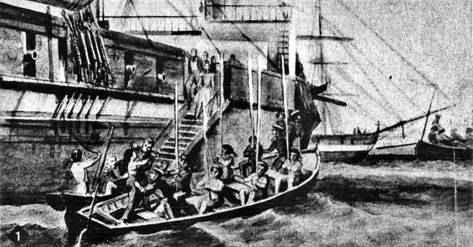 EN EL BARCO. Don Juan Manuel y Manuelita trepan la escalerilla de la nave británica “Locust”.-