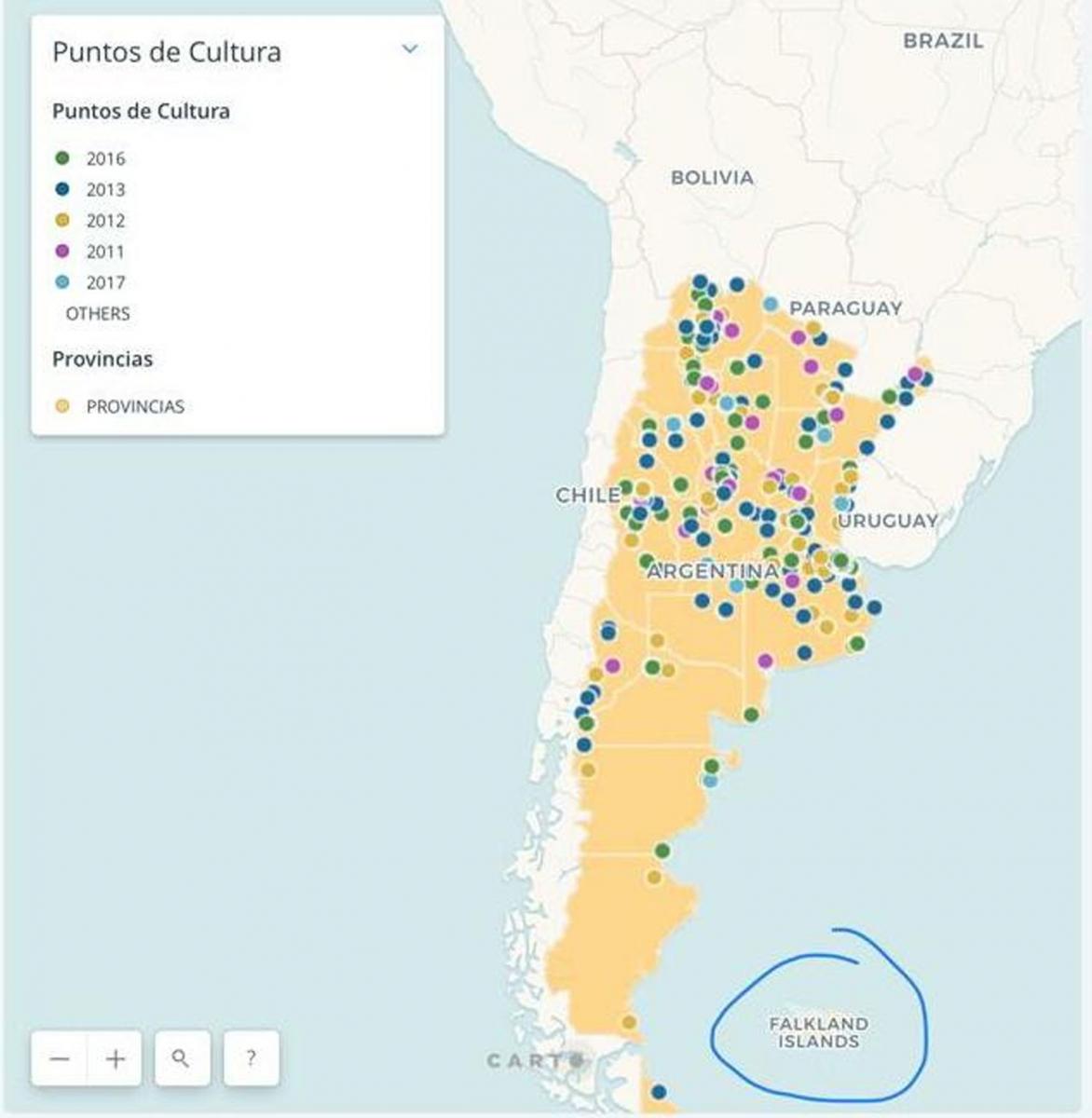 Cultura publicó un mapa donde llama Falkland a las Islas Malvinas y Filmus se quejó