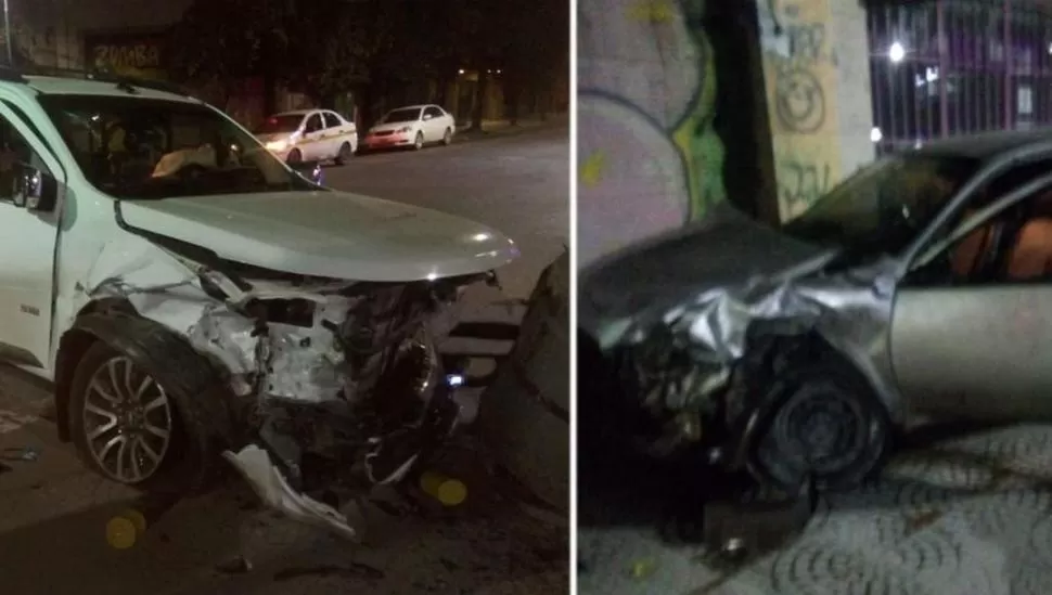 LUGAR DEL CHOQUE. La camioneta impactó contra los pilares y el bloque de cemento; el auto terminó en la vereda de enfrente.  