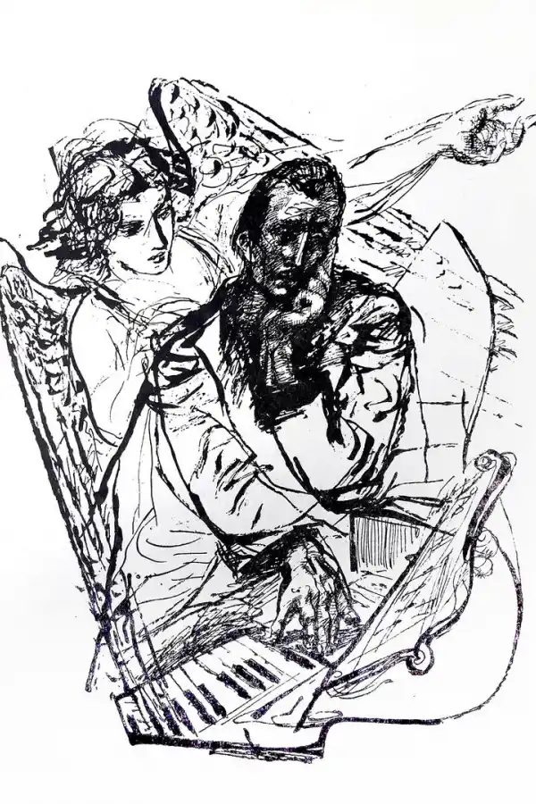 - EL MÚSICO. Uno de los dibujos de Lajos Szalay que integran la monografía que la Universidad Nacional de Tucumán le publicó en 1954.--