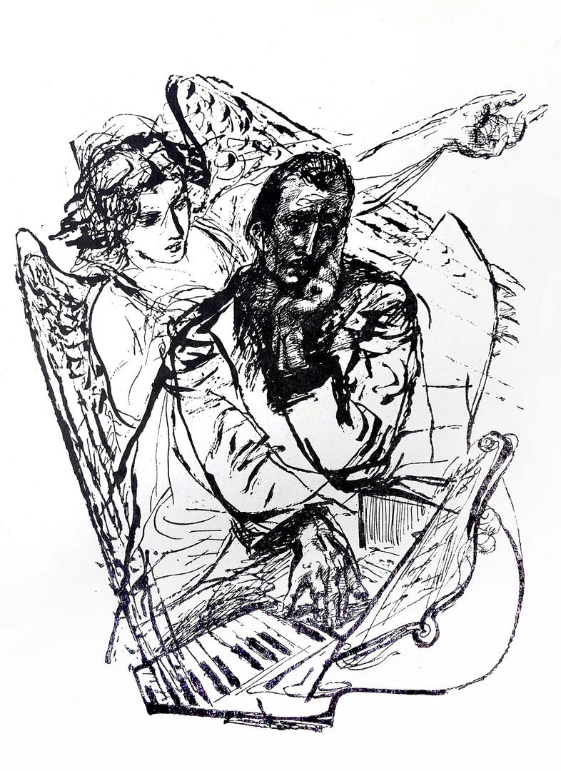 - EL MÚSICO. Uno de los dibujos de Lajos Szalay que integran la monografía que la Universidad Nacional de Tucumán le publicó en 1954.--