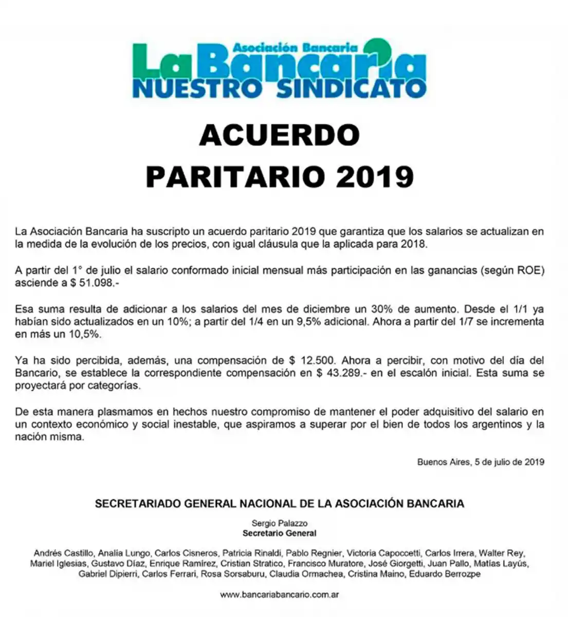 Los bancarios cerraron la partitaria 2019 con un aumento salarial del 30%