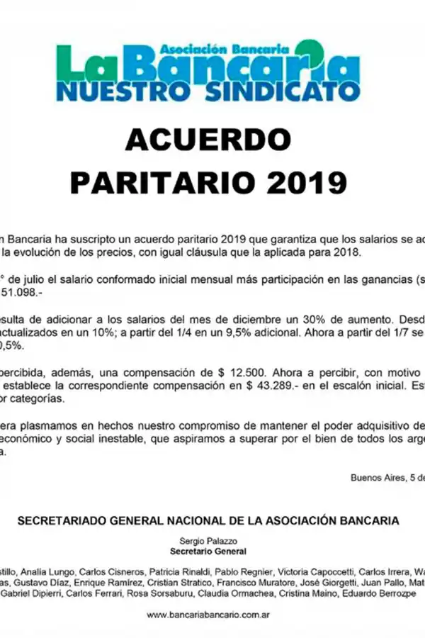 Los bancarios cerraron la partitaria 2019 con un aumento salarial del 30%