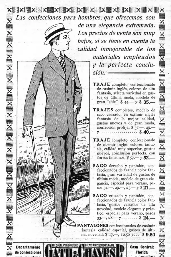 ELEMENTO INFALTABLE. Un aviso de “Gath y Chaves” de 1915 muestra que no se concebía un hombre elegante sin bastón.