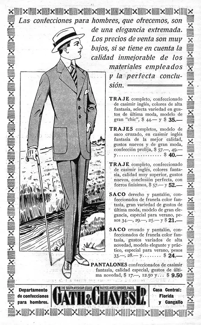 ELEMENTO INFALTABLE. Un aviso de “Gath y Chaves” de 1915 muestra que no se concebía un hombre elegante sin bastón.
