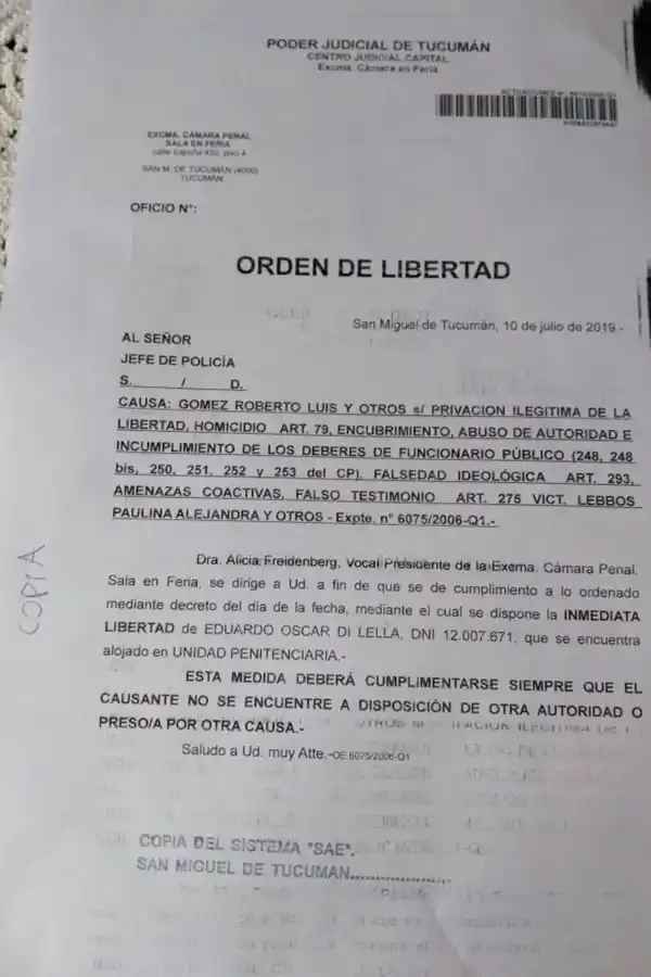 Caso Lebbos: ordenaron la libertad de Eduardo Di Lella