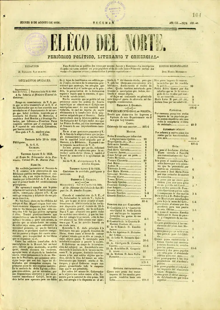 “EL ECO DEL NORTE”. Ejemplar del semanario fundado por Avellaneda en Tucumán, cuyo editor responsable era el doctor Román L. Torres.