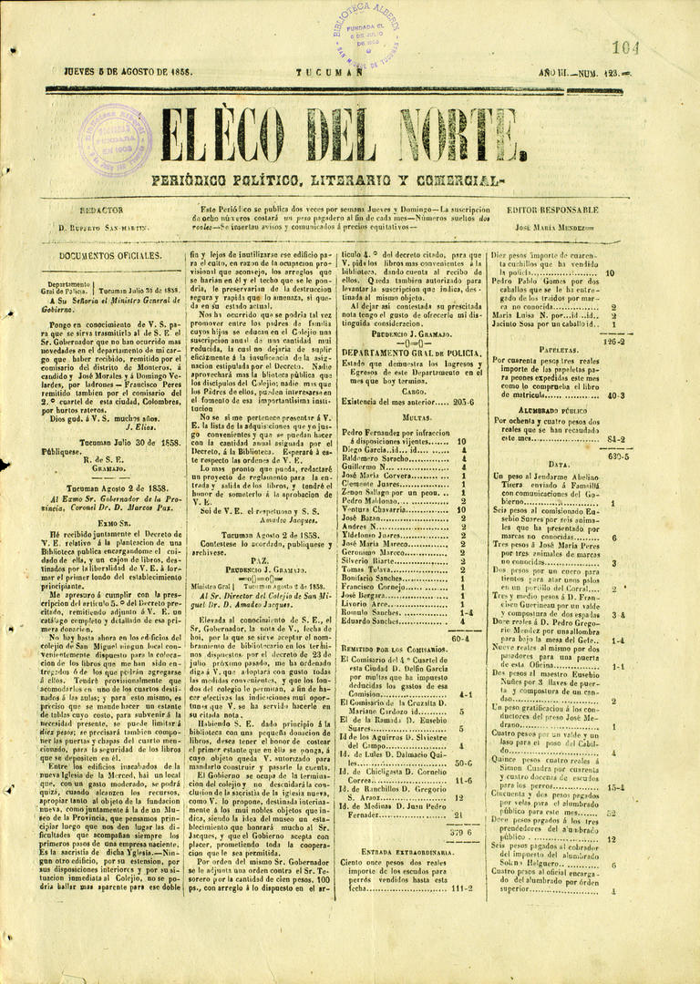 “EL ECO DEL NORTE”. Ejemplar del semanario fundado por Avellaneda en Tucumán, cuyo editor responsable era el doctor Román L. Torres.