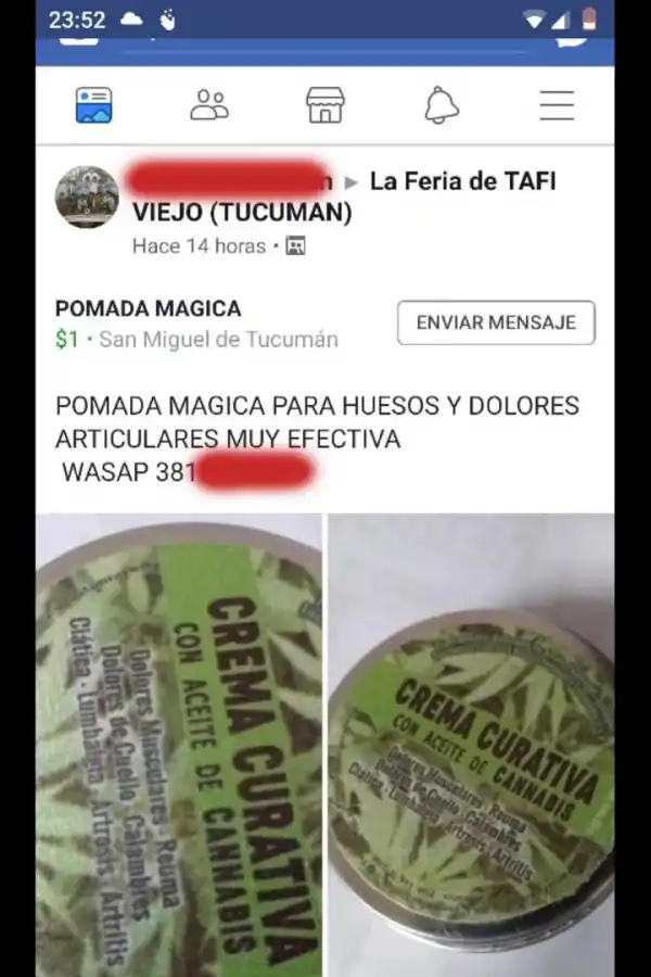 EN FACEBOOK. En las redes sociales se comercializa una pomada que, según anuncia, contiene aceite de cannabis.