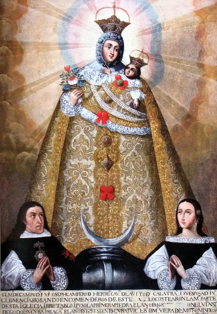 PRIMER PLANO. La Vírgen de la Almudena que se encuentra en Cochinoca. Las dos figuras de abajo son: el marqués del Tojo, José Campero y Herrera y su esposa, Clemencia de Obando.