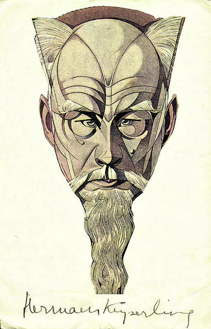 EL CONDE KEYSERLING. Rostro interpretado por una revista alemana y su firma al pie 
