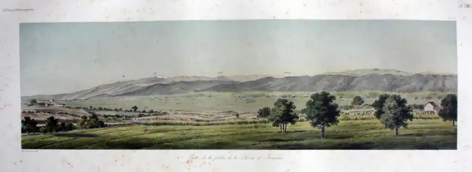 “VISTA DE LA FALDA DE LA SIERRA”. Dibujo de Burmeister ejecutado desde su casa de El Manantial, e incluido en “Vues pittoresques de la République Argentina”.