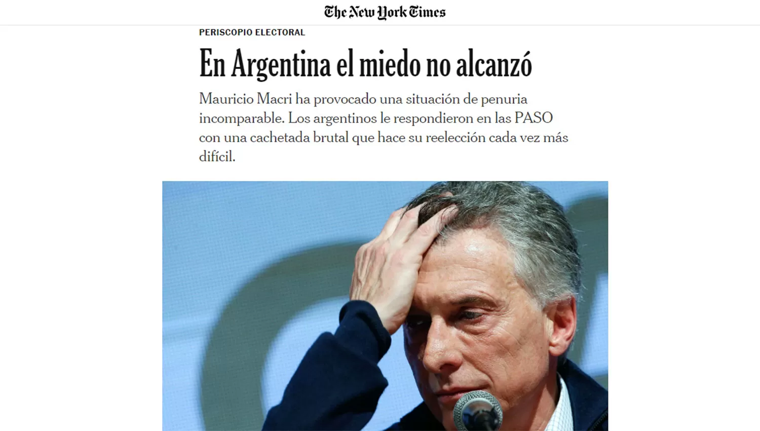 La porta de la versión en español de New York Times. 