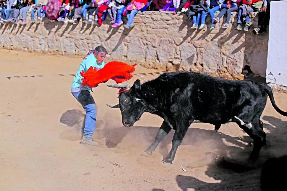 -MOMENTO CLAVE. Uno de los toreros esquiva una embestida del toro e intenta quitarle la vincha.- LA GACETA / FOTOS DE ALVARO MEDINA.-