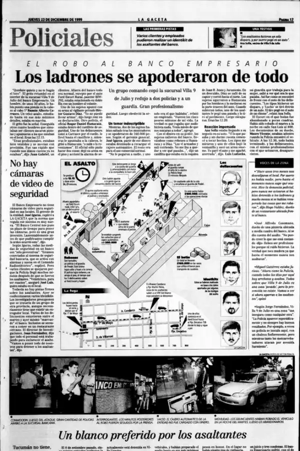 23 DE DICIEMBRE DE 1999. La sucursal de Villa 9 de Julio del Banco Empresario es asaltada por cinco desconocidos. Huyen en el auto que los esperaba en la puerta.