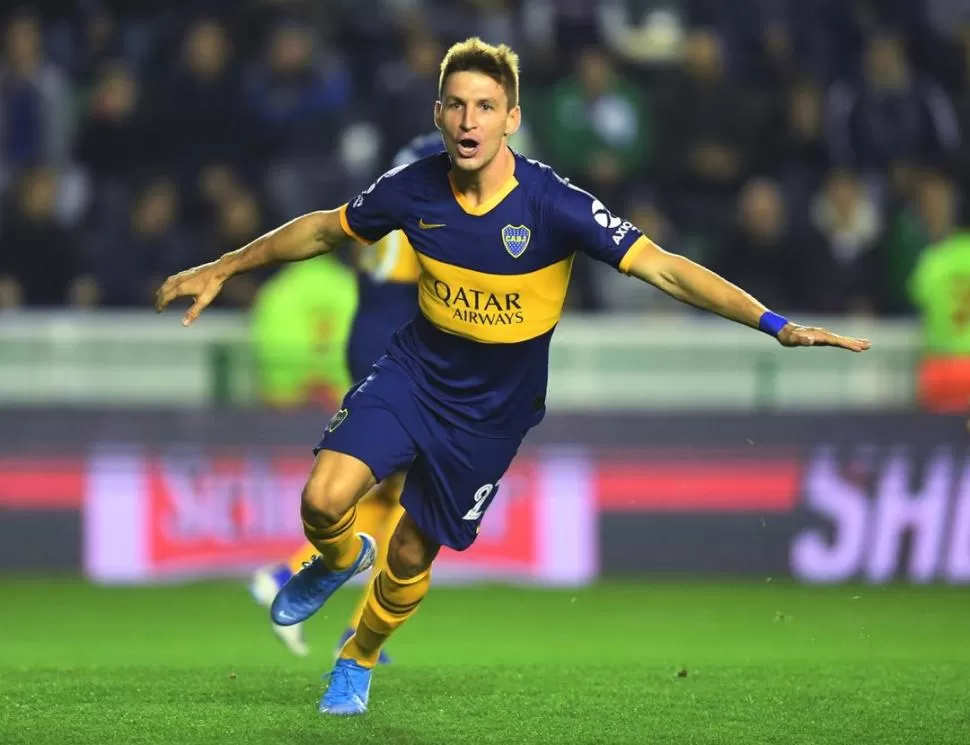 PRIMER FESTEJO. Soldano abre los brazos para celebrar su primer gol en Boca, el más rápido de la Superliga desde 2016. telam