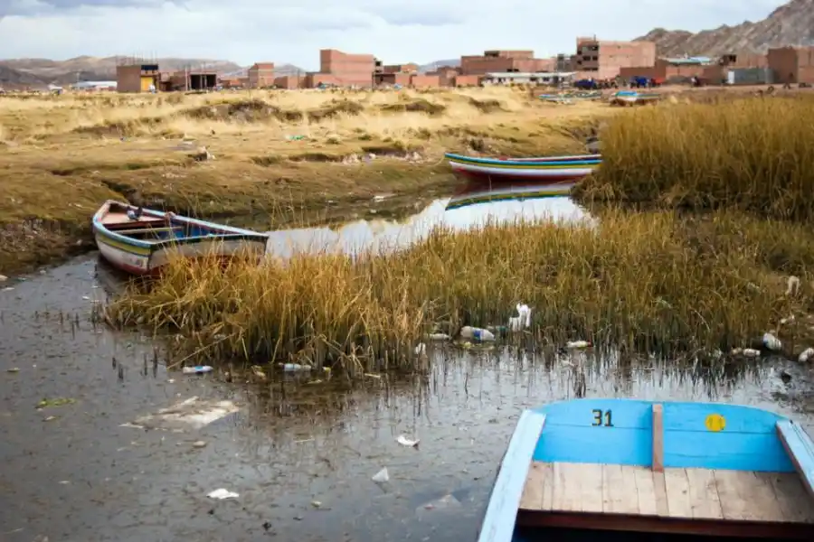 ARRASTRE. La basura llega a la costa del lago por el río Desaguadero.   