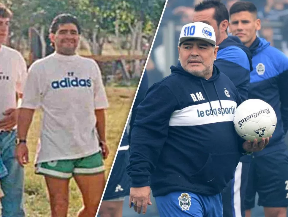 PASADO Y PRESENTE. Maradona en sus comienzos en Mandiyú y en su nuevo desafío: salvar a Gimnasia del descenso. 